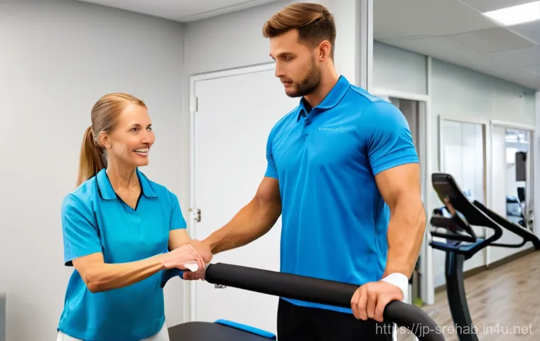 스포츠재활 클리닉 홍보 방법 - **Prompt for Patient-Doctor Interaction with Empathy**:
    A warm, brightly lit physical therapy cl...