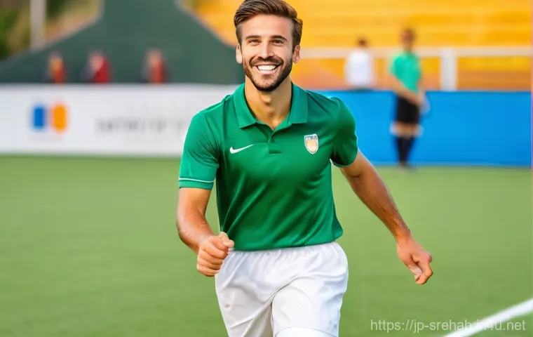 스포츠재활 전문가의 직업 만족도 - **Prompt 1: The Triumphant Return of an Athlete**
    A male soccer player, aged late 20s, in a full...