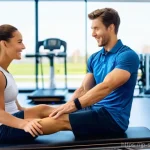 스포츠재활 전문가 연봉 수준 분석 - **Image Prompt 1: Female Sports Rehabilitation Specialist Guiding an Athlete**
    "A bright, realis...