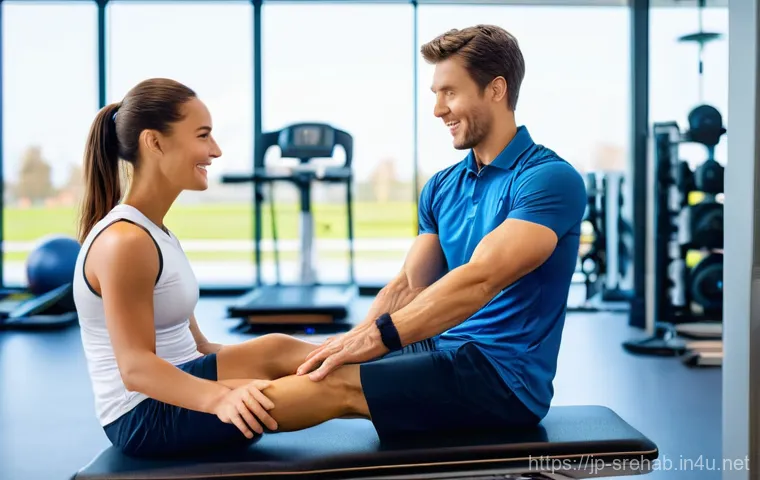 스포츠재활 전문가 연봉 수준 분석 - **Image Prompt 1: Female Sports Rehabilitation Specialist Guiding an Athlete**
    "A bright, realis...