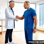 스포츠재활 전문가로 성장하기 위한 필수 스킬 - A professional sports rehabilitation therapist attentively observing a middle-aged male athlete’s su...