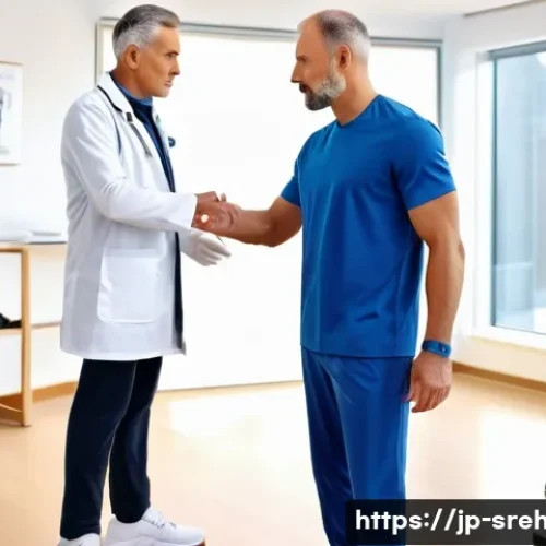 스포츠재활 전문가로 성장하기 위한 필수 스킬 - A professional sports rehabilitation therapist attentively observing a middle-aged male athlete’s su...