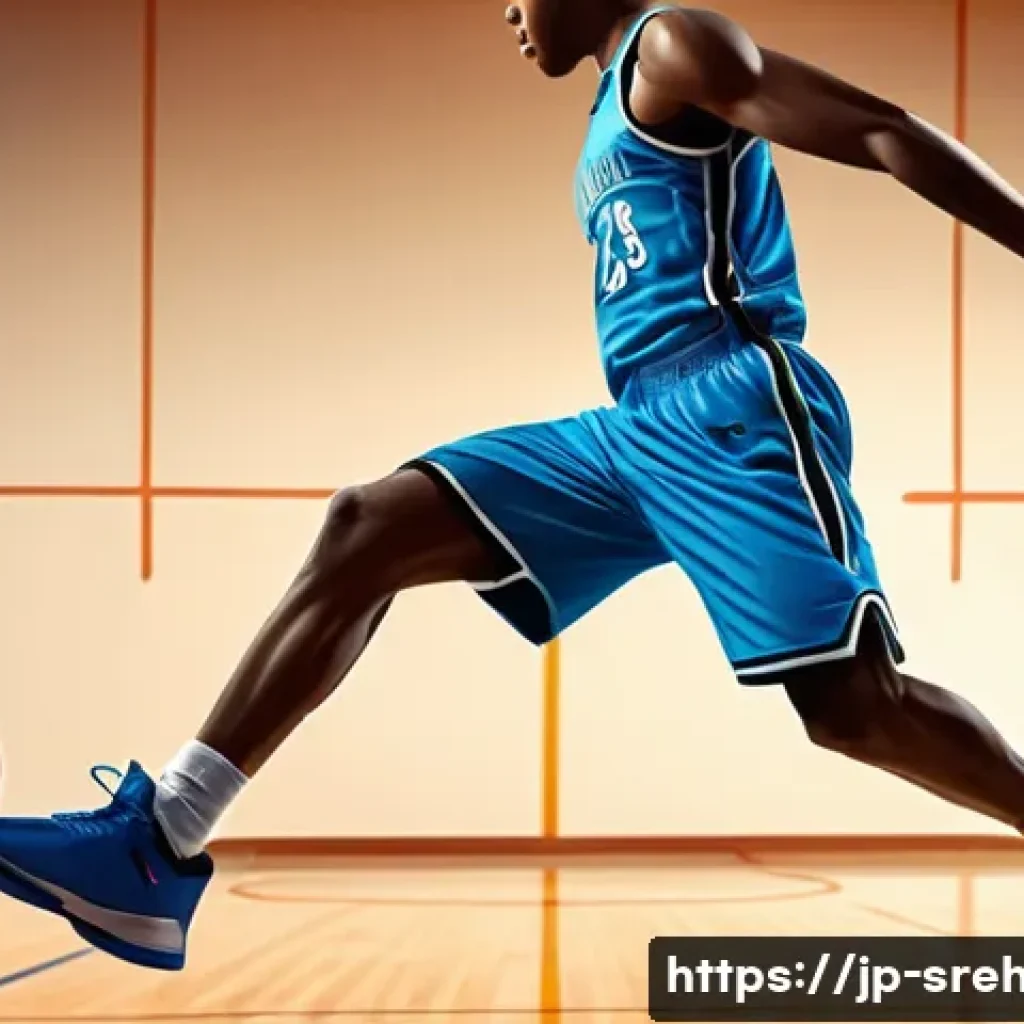 스포츠재활과 척추 질환의 관계 - A detailed medical illustration of a young adult athlete performing a basketball jump landing, weari...