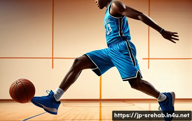 스포츠재활과 척추 질환의 관계 - A detailed medical illustration of a young adult athlete performing a basketball jump landing, weari...