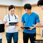 스포츠재활의 법적 윤리적 문제 - A modern Japanese sports rehabilitation clinic scene showing a diverse group of professionals&mdash;doctor...