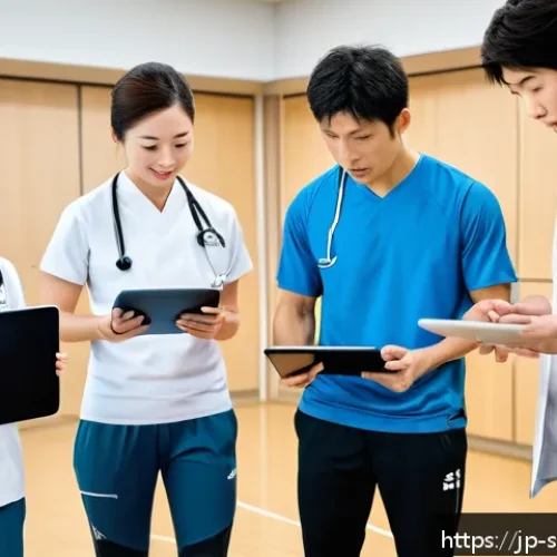 스포츠재활의 법적 윤리적 문제 - A modern Japanese sports rehabilitation clinic scene showing a diverse group of professionals&mdash;doctor...