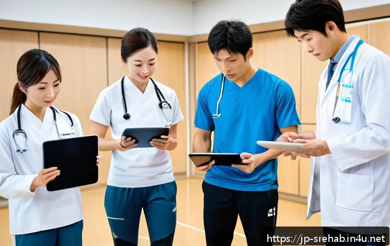 스포츠재활의 법적 윤리적 문제 - A modern Japanese sports rehabilitation clinic scene showing a diverse group of professionals&mdash;doctor...
